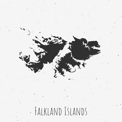 Black and white Falkland Islands map in trendy vintage style, isolated on a dusty white background. A grunge texture is used to have a retro and worn effect. His name is written on the bottom of the image. Vector Illustration (EPS10, well layered and grouped). Easy to edit, manipulate, resize or colorize.