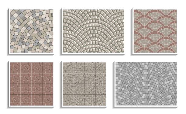 Set of seamless round pavement textures. Vector repeating patterns of radial stone material Set of seamless round pavement textures. Vector repeating patterns of radial stone material sidewalk icon stock illustrations