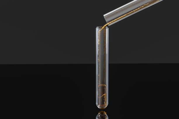 Chemical test tube with golden liquid in the lab, 3d rendering. Computer digital image.