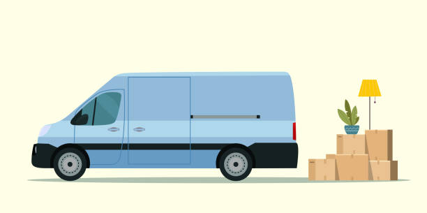 illustrazioni stock, clip art, cartoni animati e icone di tendenza di cose nella scatola nel bagagliaio del furgone merci. casa mobile. illustrazione vettoriale in stile piatto - truck moving van moving house box