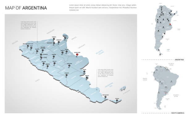 illustrations, cliparts, dessins animés et icônes de ensemble de vecteur du pays d'argentine.  carte 3d isométrique, carte argentine, carte de l'amérique du sud - avec la région, les noms d'état et les noms de ville. fonts : myriad pro, roboto - argentina