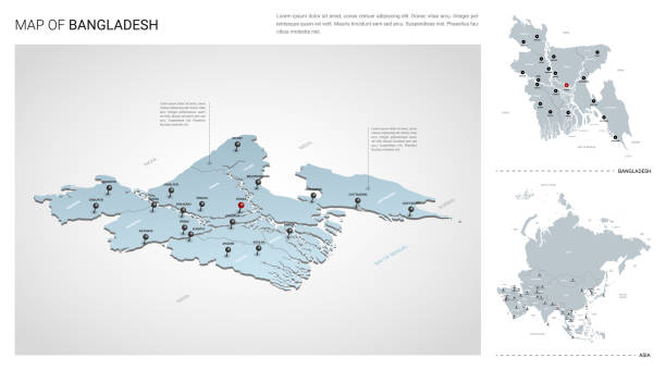 ilustraciones, imágenes clip art, dibujos animados e iconos de stock de conjunto vectorial del país de bangladesh.  mapa 3d isométrico, mapa de bangladesh, mapa de asia - con nombres de región, estado y ciudades. - bangladesh map