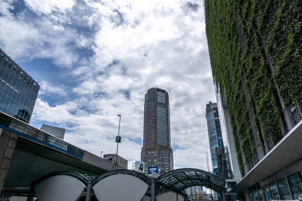 view of tall skyscraper buildings from streets of shibuya, tokyo, japan. Taken on June 28th 2019