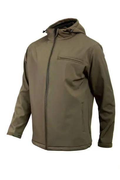 Photo of softshell jacket olive color for men isolated