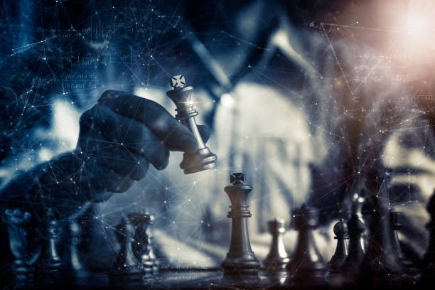 istock business strategy brainstorm chess board game with hand touch black background with free copy space for your text 1160549173