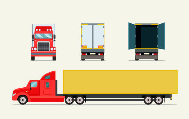 illustrazioni stock, clip art, cartoni animati e icone di tendenza di un grosso camion con rimorchio. davanti, lato dietro vista e camion porta aperta. illustrazione piatta vettoriale - vehicle trailer illustrations