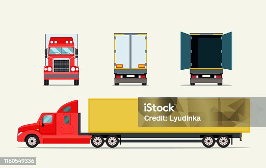 istock Big truck with trailer. Front, side behind view and open door truck. Vector flat illustration 1160549336
