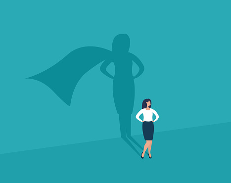 Businesswoman and shadow superhero. Ambition and success vector concept. Vector illustration. EPS10.