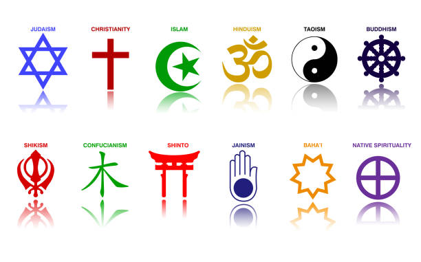 simbol agama dunia mewarnai tanda-tanda kelompok dan agama besar. - indonesia culture ilustrasi stok