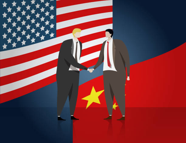 business people shaking hand for make a deal of business, flag of USA and China at background. USA and China bilateral political relations and cooperation concept business people shaking hand for make a deal of business, flag of USA and China at background. USA and China bilateral political relations and cooperation concept treaty stock illustrations