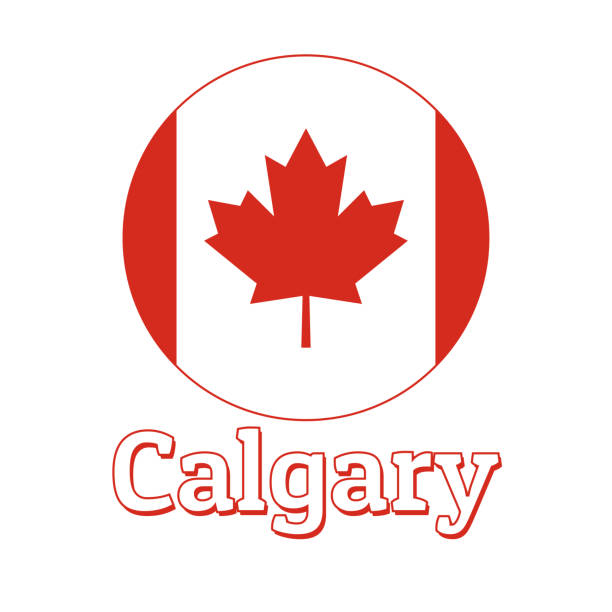 istock Round button Icon of national flag of Canada with red maple leaf on the white background and lettering of city name Calgary. Inscription for logo, banner, t-shirt print. Vector illustration. 1160553325