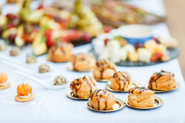 Delicious profiterole with pate cream sprinkled with soy sauce. Close up