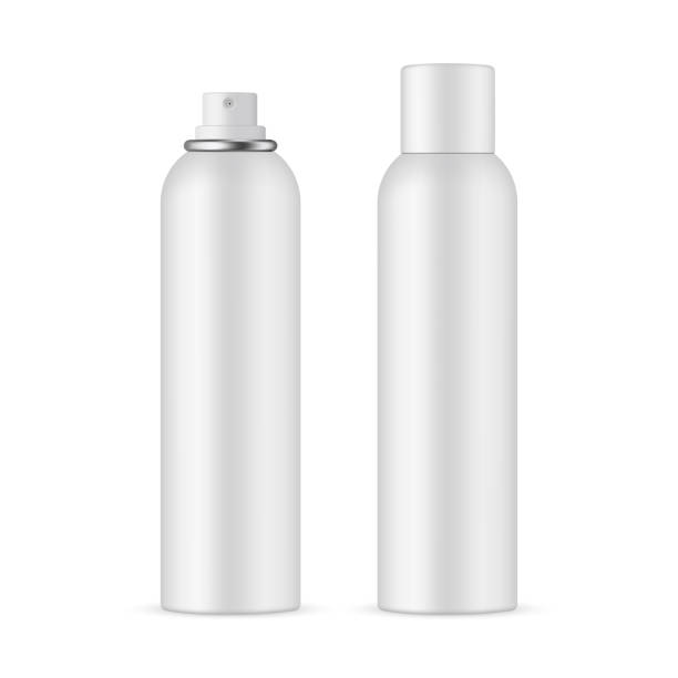 Deodorant spray bottle mockup with opened and closed cap Deodorant spray bottle mockup with opened and closed cap, isolated on white background. Vector illustration silver bottle cap stock illustrations