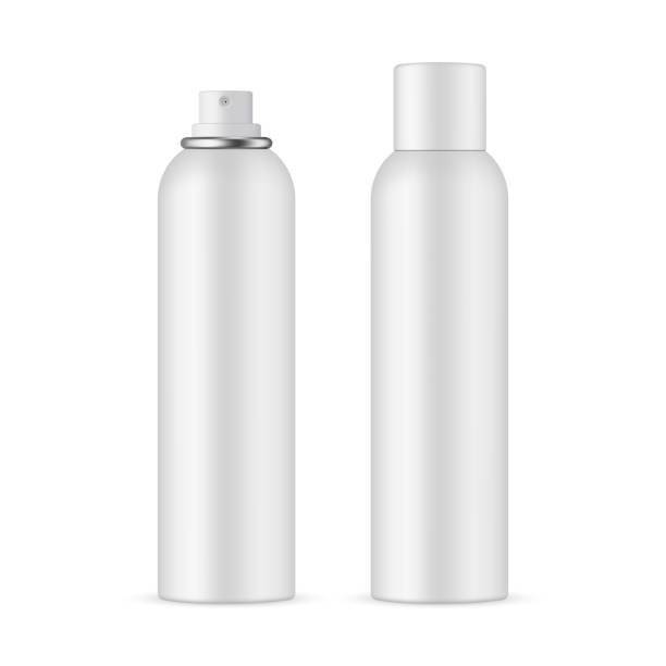 Deodorant spray bottle mockup with opened and closed cap Deodorant spray bottle mockup with opened and closed cap, isolated on white background. Vector illustration aerosol can stock illustrations