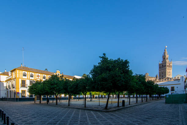 Sevilla, Spain;July 2107: Giralda tower seen from the Patio de las Banderas in Seville