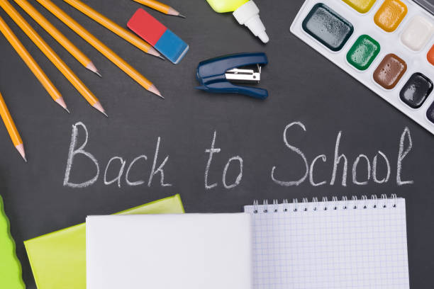 istock items for school are on a blackboard with an inscription in chalk 1160556913