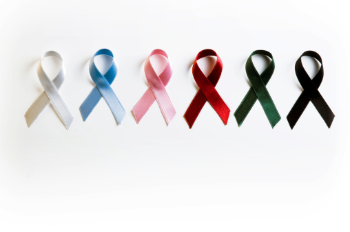 photo of different awareness satin ribbons isolated on white