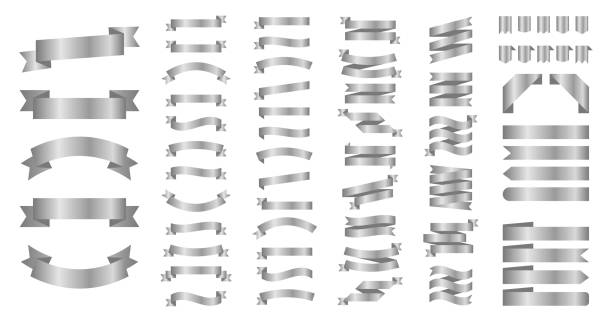 ilustraciones, imágenes clip art, dibujos animados e iconos de stock de conjunto de vectores de cinta o banner. cintas vectoriales planas banners de fondo aislado. cinta de color plata. establezca cintas o banners. vector - color-plateado