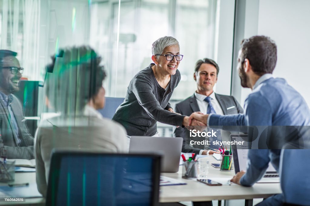 Glückliche Geschäftskollegen schütteln bei einem Treffen im Büro die Hände. - Lizenzfrei Hände schütteln Stock-Foto