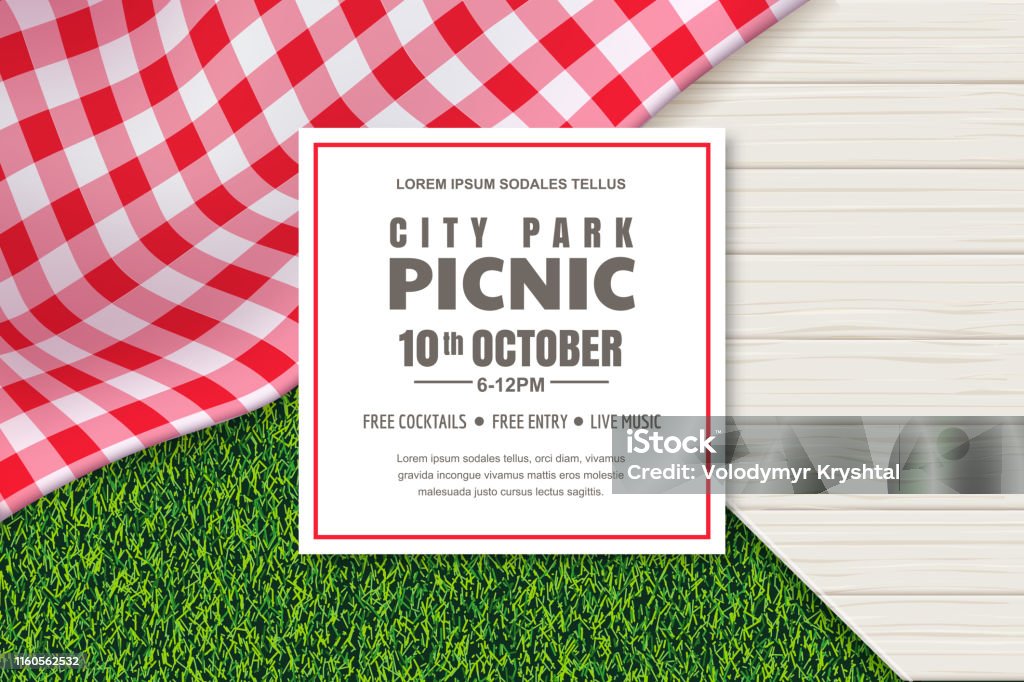 Picknick-Plakat oder Banner-Design-Vorlage. Vektor-Hintergrund mit realistischen roten Gingham Tischdecke, Holztisch und Gras - Lizenzfrei Picknick Vektorgrafik