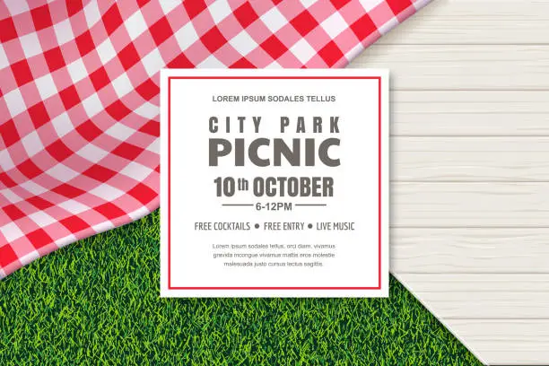 Vector illustration of Picnic poster or banner design template. Vector background with realistic red gingham tablecloth, wooden table and grass