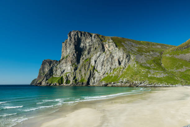 view on the Ryten peak from Kvalvika beach