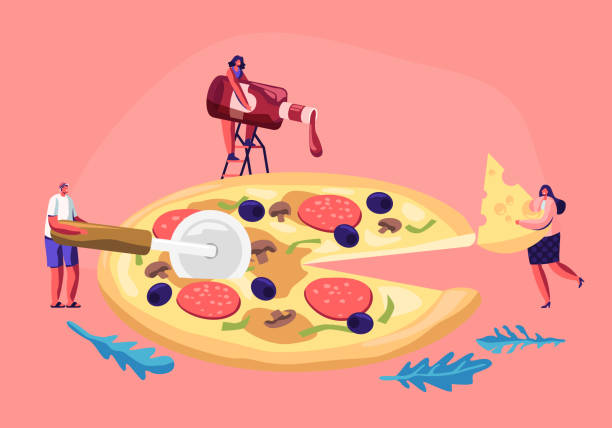 istock Tiny People Eating Huge Pizza. Male and Female Characters Cut with Knife, Put Ketchup and Cheese, Take Piece of Tasty Italian Food. Fast Food, Cafe, Bistro Visitors. Cartoon Flat Vector Illustration 1160565226