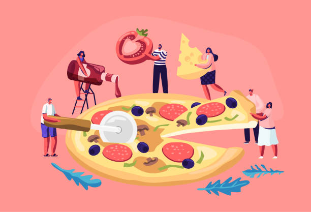 istock Tiny People Eating Huge Pizza. Male and Female Characters Cut with Knife, Put Ketchup and Cheese, Take Piece of Tasty Italian Food. Fast Food, Cafe, Bistro Visitors. Cartoon Flat Vector Illustration 1160565227