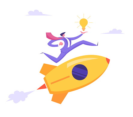 Start Up Idea Concept. Business Project with Rocket and Businessman Character Run with Lighting Bulb in Hand. New Product or Service Launch, Goal Achievement, Insight. Cartoon Flat Vector Illustration