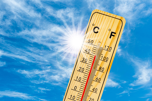 thermometer shows 40 degrees in summer heat