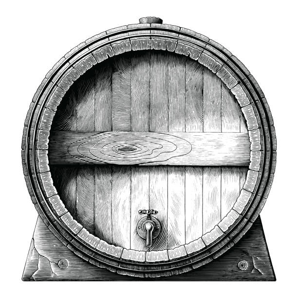 Antique engraving illustration of Oak barrel hand drawing black and white clip art isolated on white background,Alcoholic fermentation barrel Antique engraving illustration of Oak barrel hand drawing black and white clip art isolated on white background,Alcoholic fermentation barrel keg stock illustrations