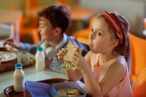 istock Dark-haired schoolgirl chewing her sandwich while having lunch 1160569915