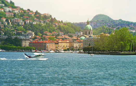 Como old city view from the Como lake, Italy.