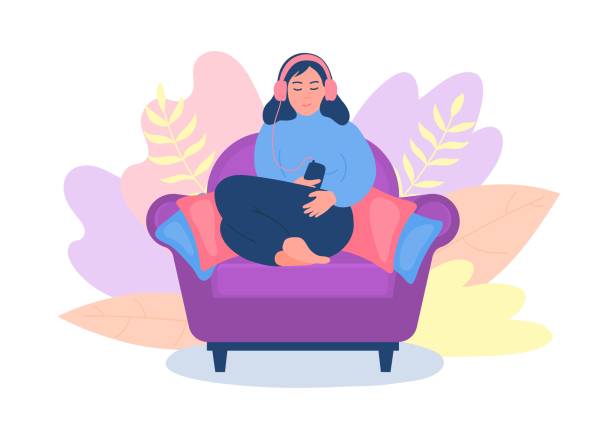 Woman relaxing and listening podcasts, online training, music, or online radio. Woman relaxing and listening podcasts, online training, music, or online radio. Women sitting in armchair. Vector illustration. podcasting illustrations stock illustrations