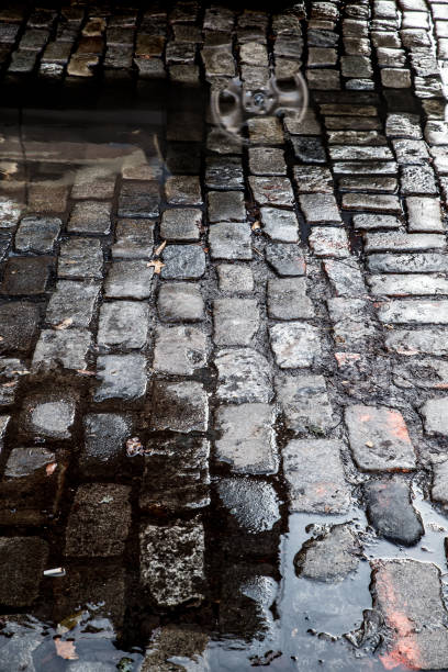 istock Grungy cobblestone street with puddles 1160578171