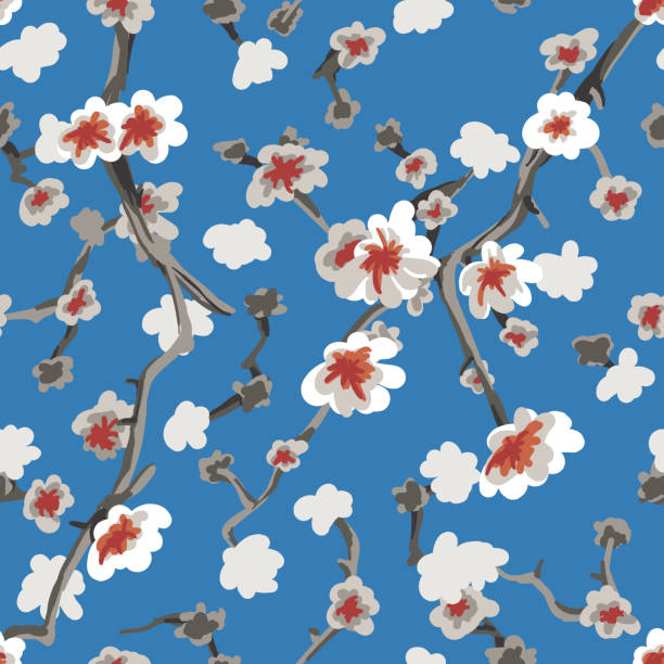 Almond Blossom Seamless Pattern Backgroung Wallpaper Repeat Artwork Floral Petals vector art illustration