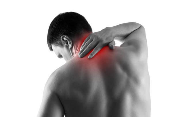 istock Neck pain, man suffering from backache isolated on white background 1160585738