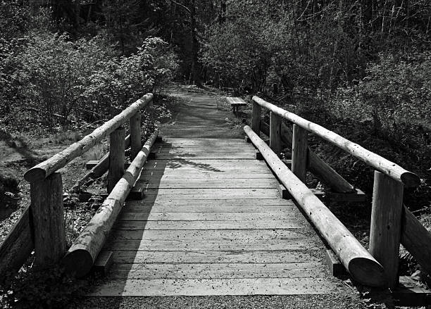 Crossing an old bridge to cross the stream. stock photo
