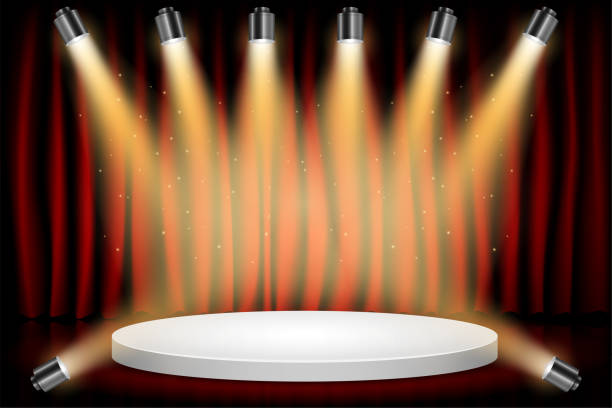 istock White Round Winner Podium on Red Curtain Theater Scene Stage Background. Stage with Studio Lights for Awards Ceremony. Spotlights illuminate. Vector illustration.  Background. 1160586720