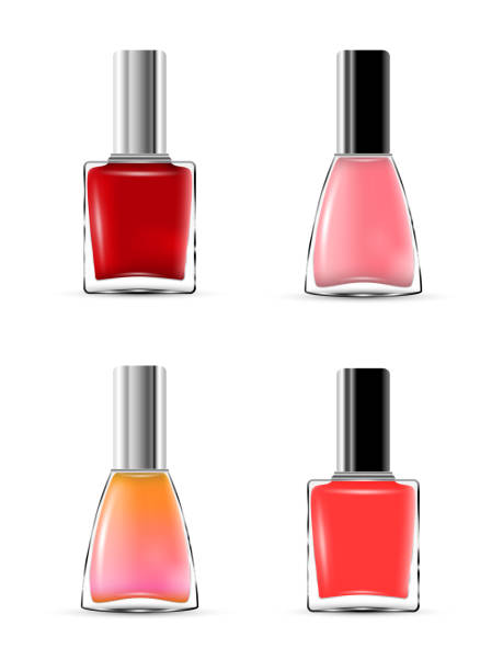 kollektion glänzende nagellackflasche mit kappe. realistische verpackung mockup-vorlage. bunte nagellack isoliert auf weißem hintergrund. - nail polish isolated cosmetics bottle stock-grafiken, -clipart, -cartoons und -symbole