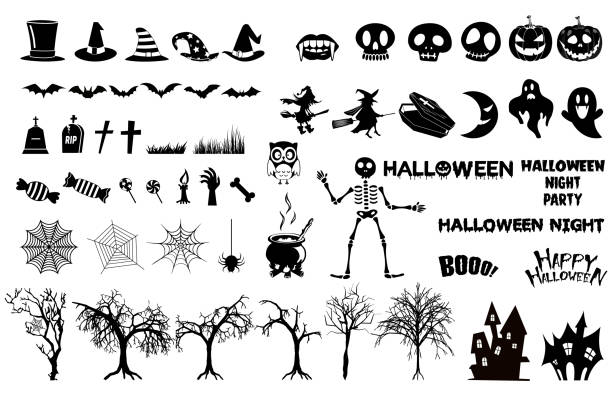 ilustraciones, imágenes clip art, dibujos animados e iconos de stock de conjunto de siluetas de halloween icono., bruja, elementos espeluznantes y espeluznantes para decoraciones de halloween, siluetas, boceto, icono, pegatina. - fantasma ilustraciones