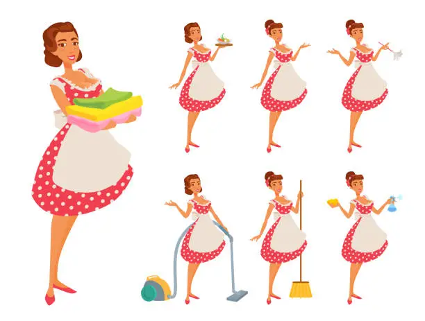 Vector illustration of A young woman in an apron and dotted red dress cleans the house, cooks, showing something.
