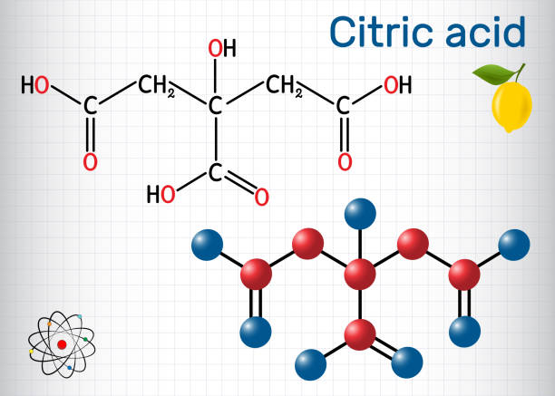 Citric acid molecule, is found in citrus fruits, lemons and limes. Is used as additive in food, cleaning agents, nutritional supplements Citric acid molecule, is found in citrus fruits, lemons and limes. Is used as additive in food, cleaning agents, nutritional supplements. Sheet of paper in a cage. citric acid stock illustrations