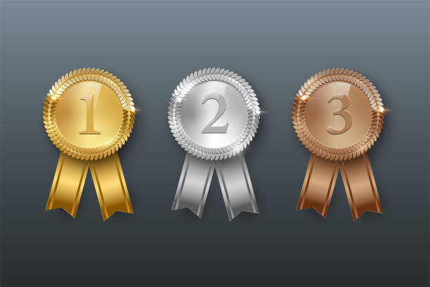 ilustrações de stock, clip art, desenhos animados e ícones de vector gold, silver, bronze medals and ribbons isolated on gray background. - silver medal 2nd medal second place