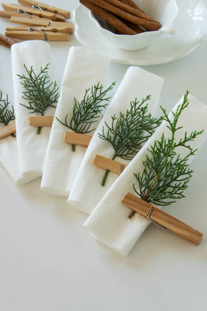 Preparations about arranging the table for winter holidays. Winter decoration, DIY