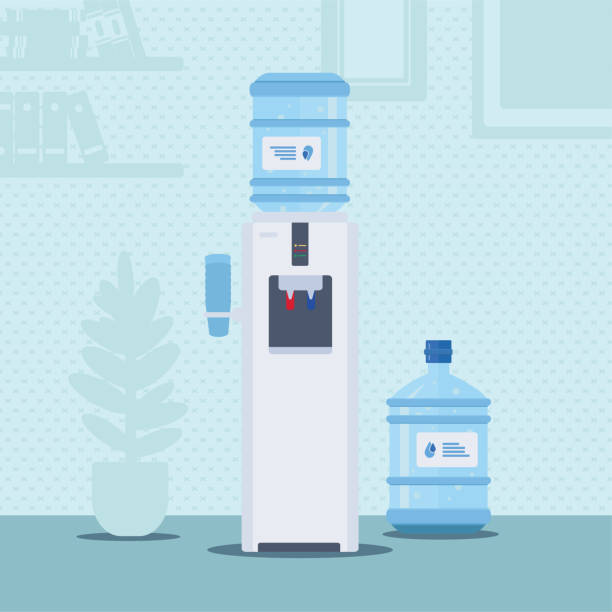 ilustraciones, imágenes clip art, dibujos animados e iconos de stock de ilustración vectorial plana del enfriador de agua de oficina - refrigeradora de agua