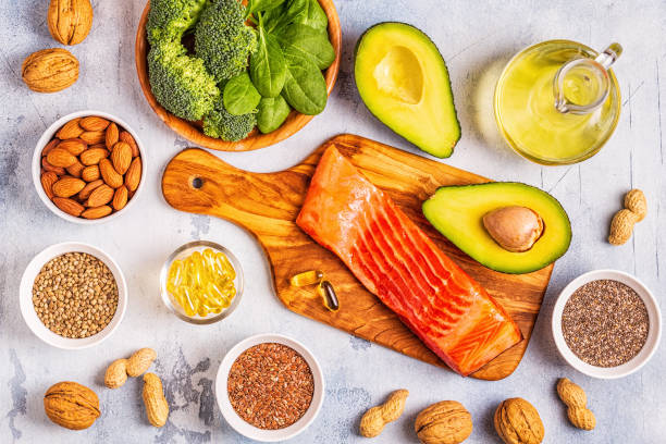 istock Animal and vegetable sources of omega-3 acids. Balanced diet concept. 1160598477