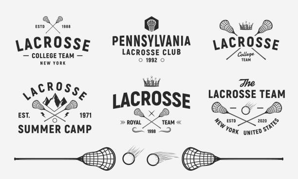 lacrosse embleme, s, abzeichen vorlagen. set aus 6 lacrosse s und 3 design-elemente.  lacrosse stick und ball isoliert auf weißem hintergrund. lacrosse team vektor embleme - lacrosse stock-grafiken, -clipart, -cartoons und -symbole