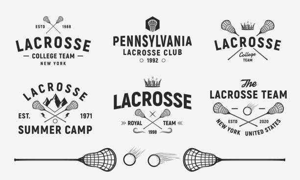 Lacrosse emblems, s, badges templates. Set of 6 Lacrosse s and 3 design elements.  Lacrosse stick and ball isolated on white background. Lacrosse team vector emblems Vector illustration cross match stock illustrations