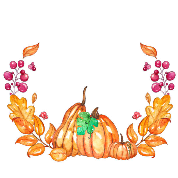 istock Watercolor autumn template with pumpkins, yellow leaves, berries. 1160601029